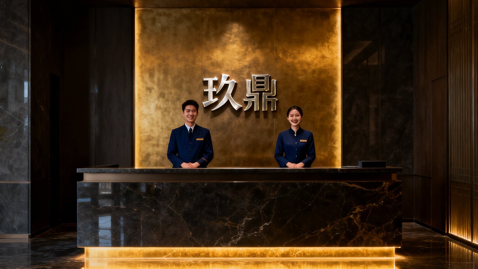 玖鼎贵宾厅上海总部接待大厅，深色大理石地面映着暖金色灯光，前台背景墙镶嵌金属玖鼎标识，两位身着深蓝制服的管家正微笑迎接访客，整体空间呈现低调奢华的新中式风格。