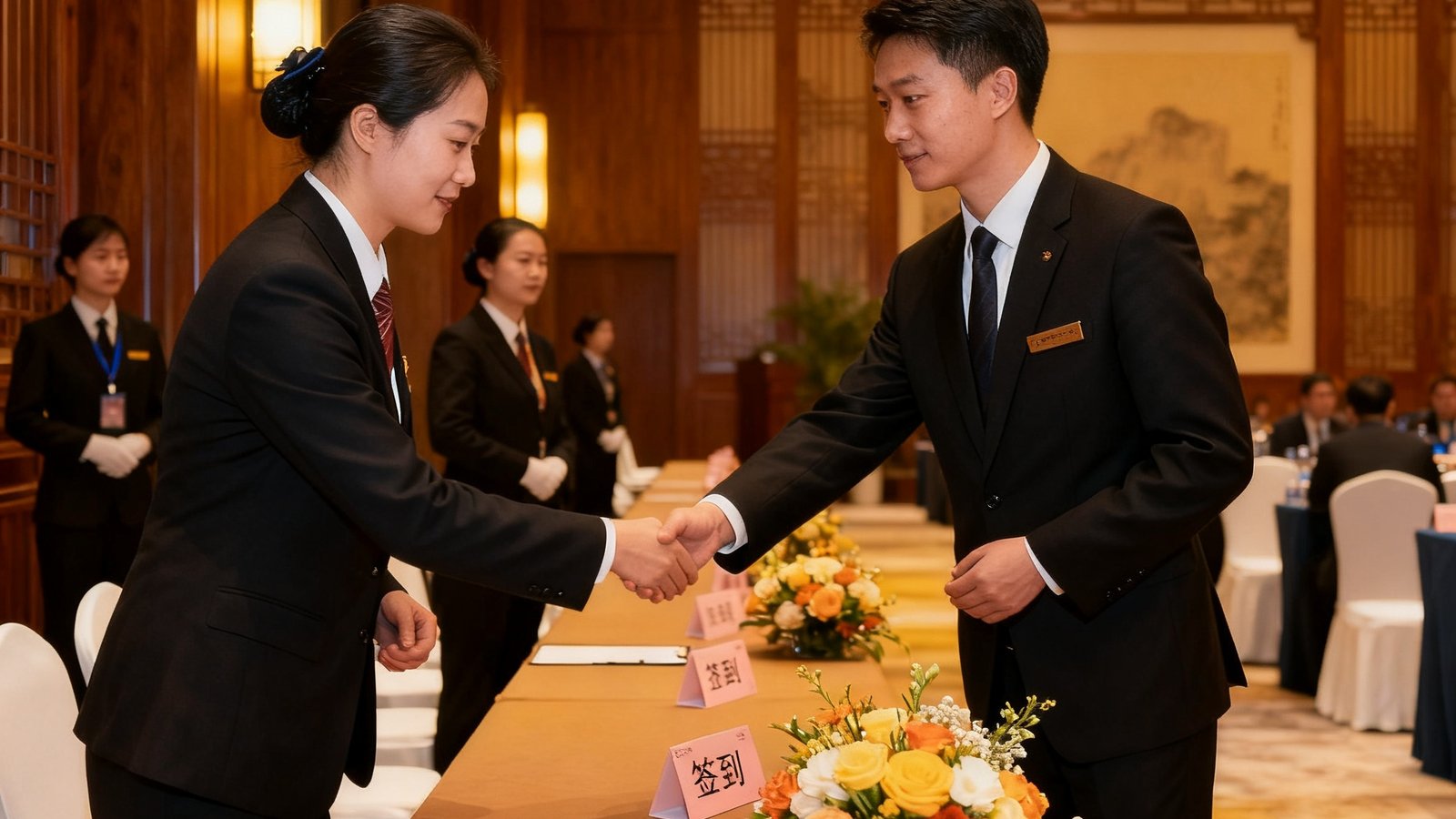 高端商务会议现场，玖鼎礼宾团队正在为参会嘉宾引导入座，签到台摆放着精致的欢迎花束和名牌，会议室采用暖色调灯光搭配现代中式装潢，展现玖鼎高端会务礼宾服务的专业与细致。