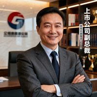 一位45岁左右的中国男性企业高管肖像照，穿着深灰色西装，面带微笑，背景为办公室环境，他是某上市公司副总裁，使用玖鼎服务超过三年。