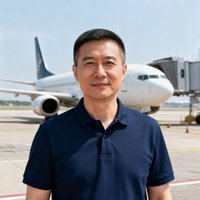 一位38岁左右的男性商务人士，短发干练，穿着深蓝色 polo 衫，站在机场停机坪前，他是某跨国公司亚太区总监，高频使用玖鼎机场接送服务。